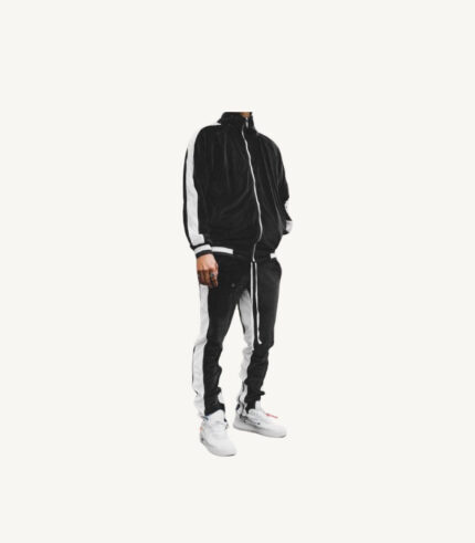 Black Casual Sports Velour Zip Up Tracksuit