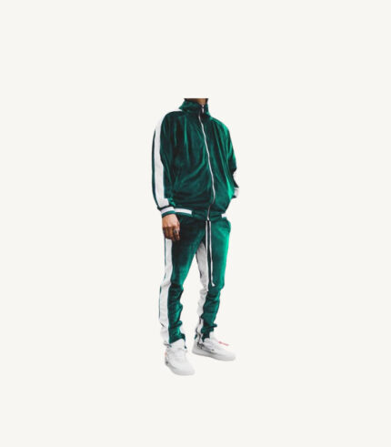 Green Casual Sports Velour Zip Up Tracksuit