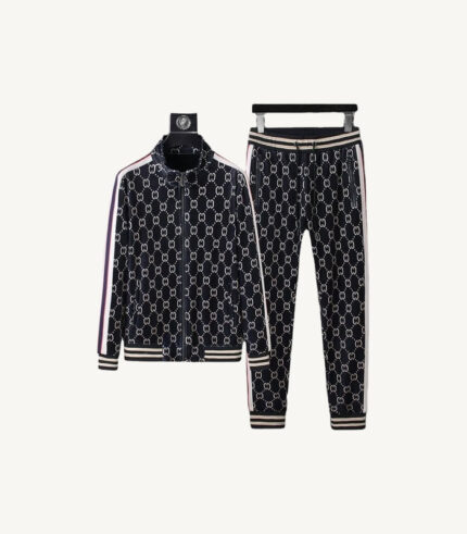 Black Velour All Over Print Tracksuit Collar