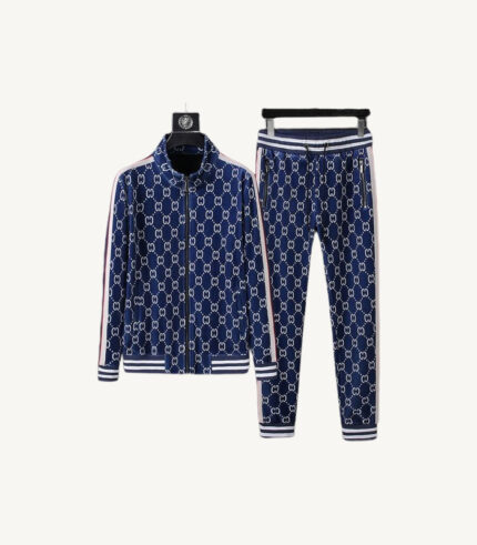 Blue Velour All Over Print Tracksuit Collar